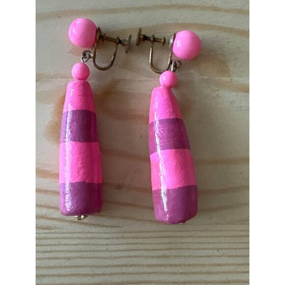 Vintage Pink & Purple Striped Screwback Earrings 1960s Boho Retro Jewelry - Picture 2 of 2